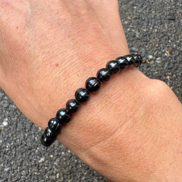 Vintage Honora Black Freshwater Pearl Stretch Bracelet, Round Ringed Iridescent - Picture 7 of 10